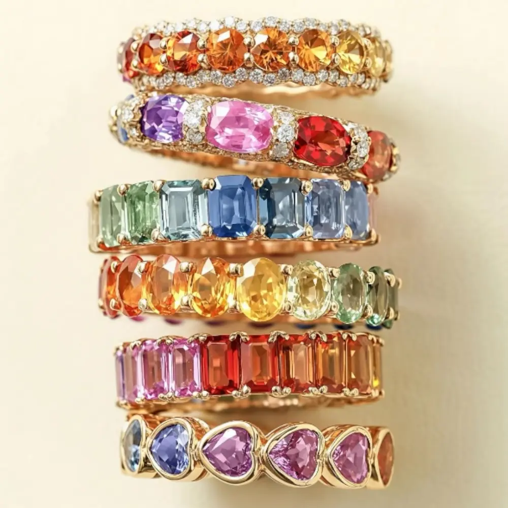 a photo of multi colored gemstones rings with a light yellow background