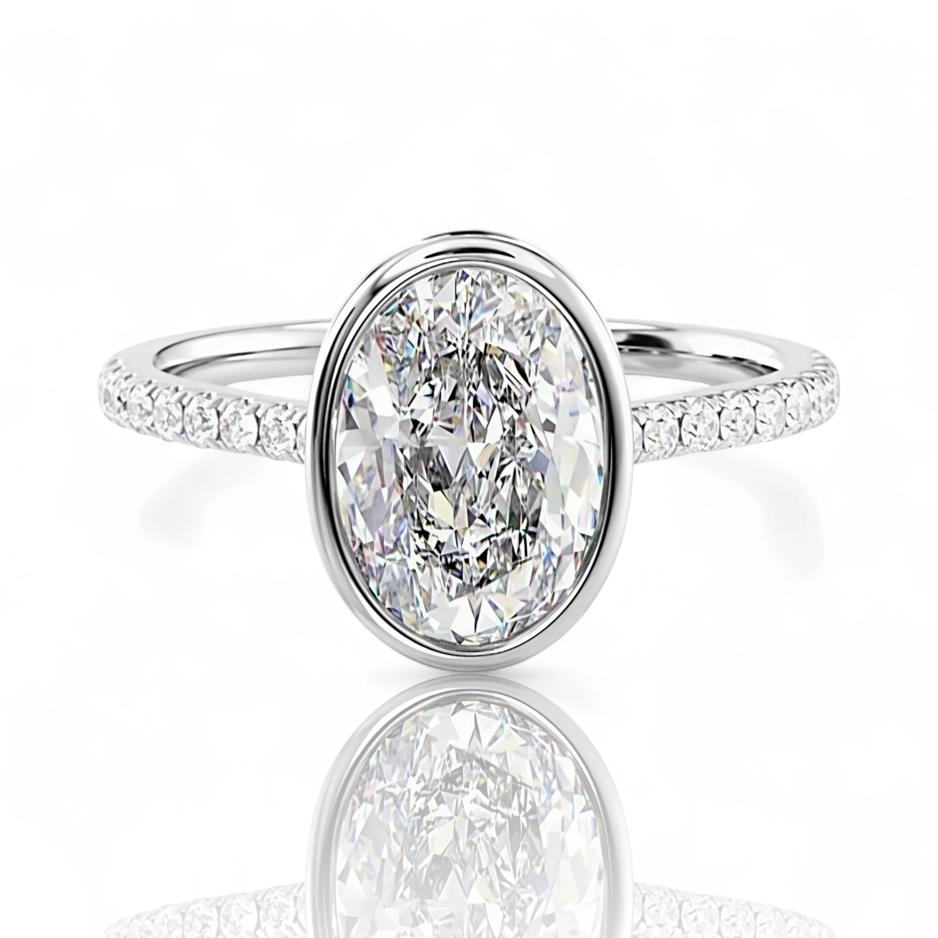 14k White Gold - Oval Cut Diamond Deco Ring